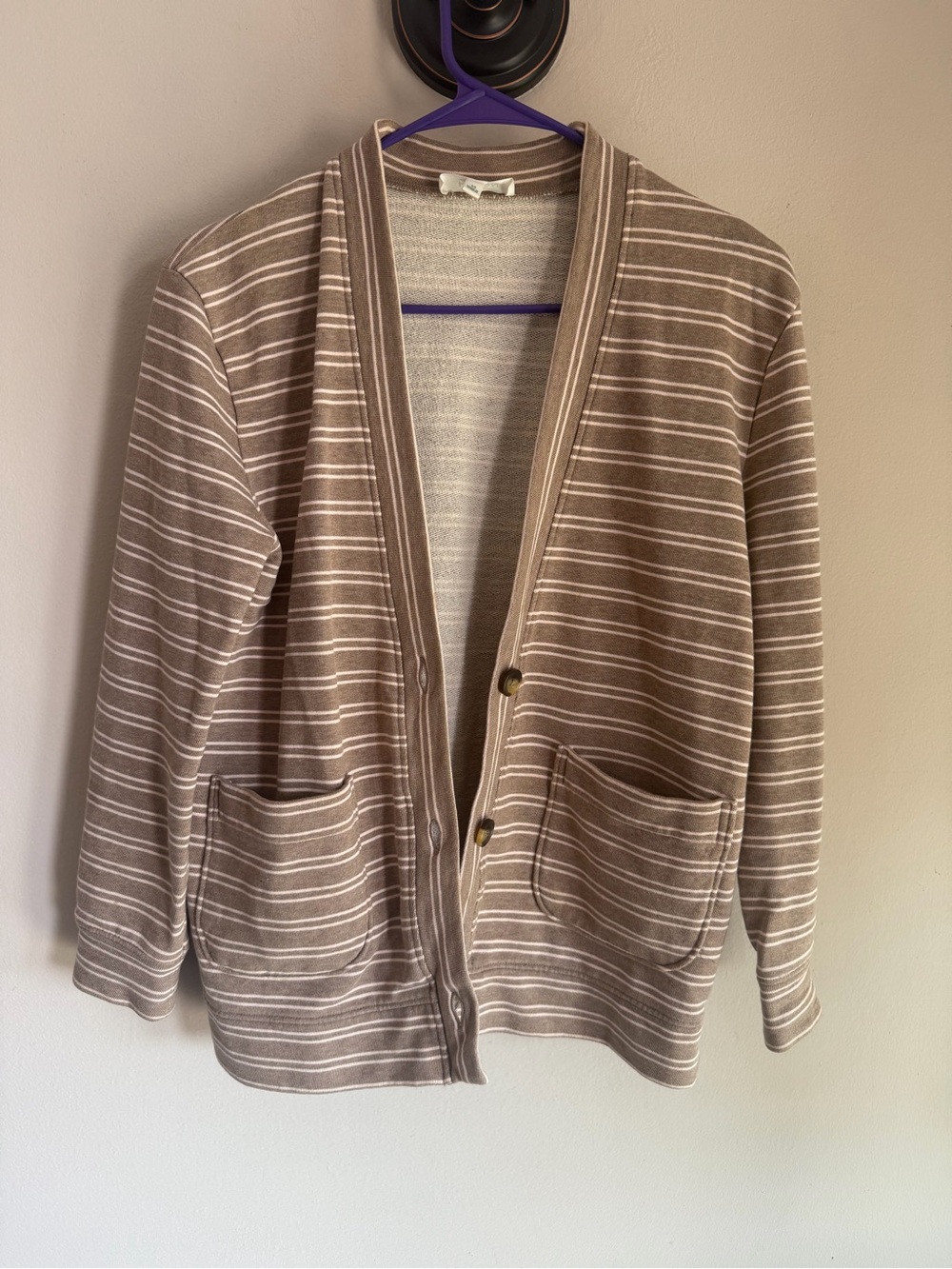 Haven Well Within Striped French Terry Cardigan Sweater Taupe White XS